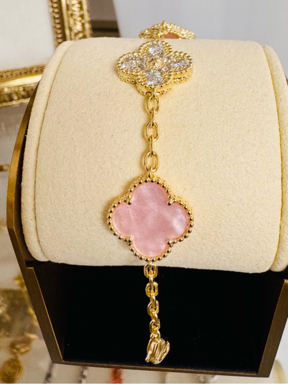 Gold Chain Bracelet with Pink Clover Accents - Picture 11 of 11